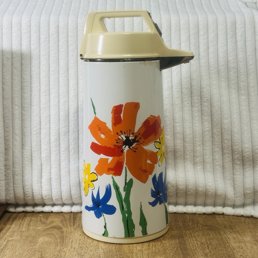Vintage 70s Everest Vacuum Air Pot Thermos APN-1900 Floral Poppies, Coffee, Tea‎